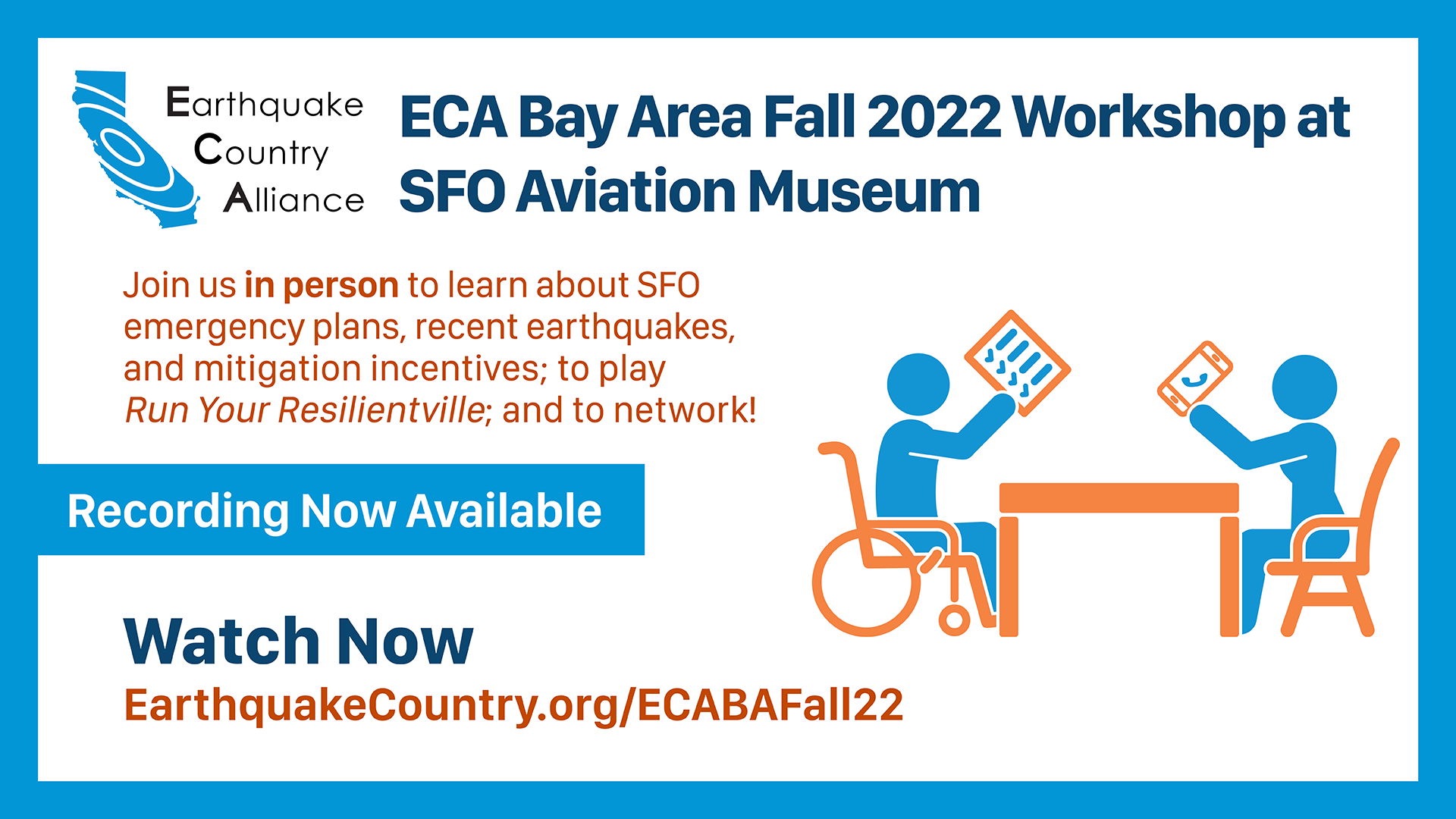Graphic about the ECA Bay Area Fall 2022 Workshop with date with a graphic showing two people creating an emergency plan.