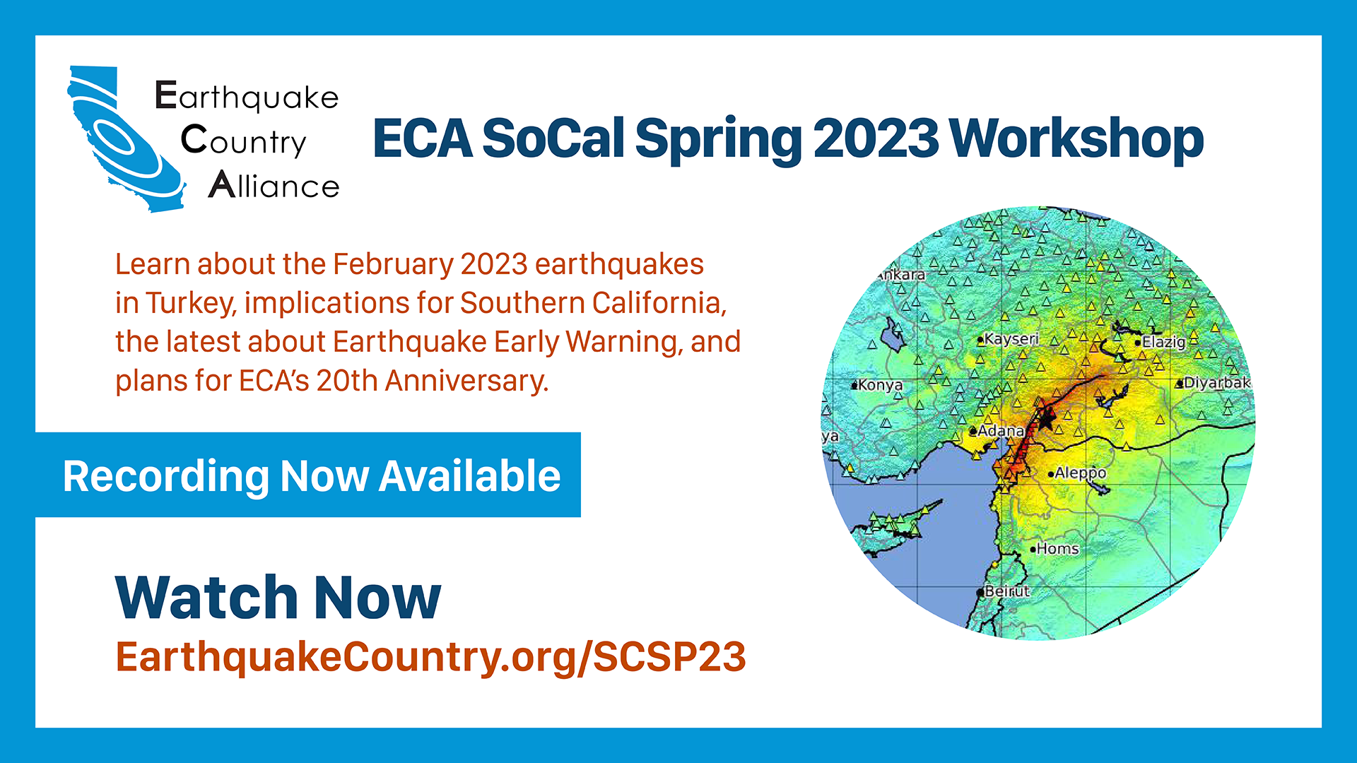 graphic with workshop description and image of a shake map of the 2023 Turkey earthquake.