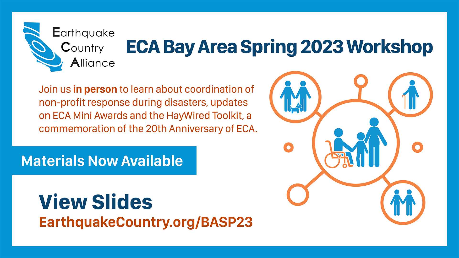 Graphic about the ECA Bay Area Spring 2023 Workshop with date with a graphic showing different groups of people within interconnected circles.