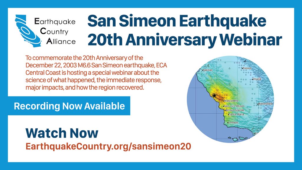 Graphic promoting San Simeon Earthquake 20th Anniversary Webinar with image of ShakeMap showing pattern of shaking