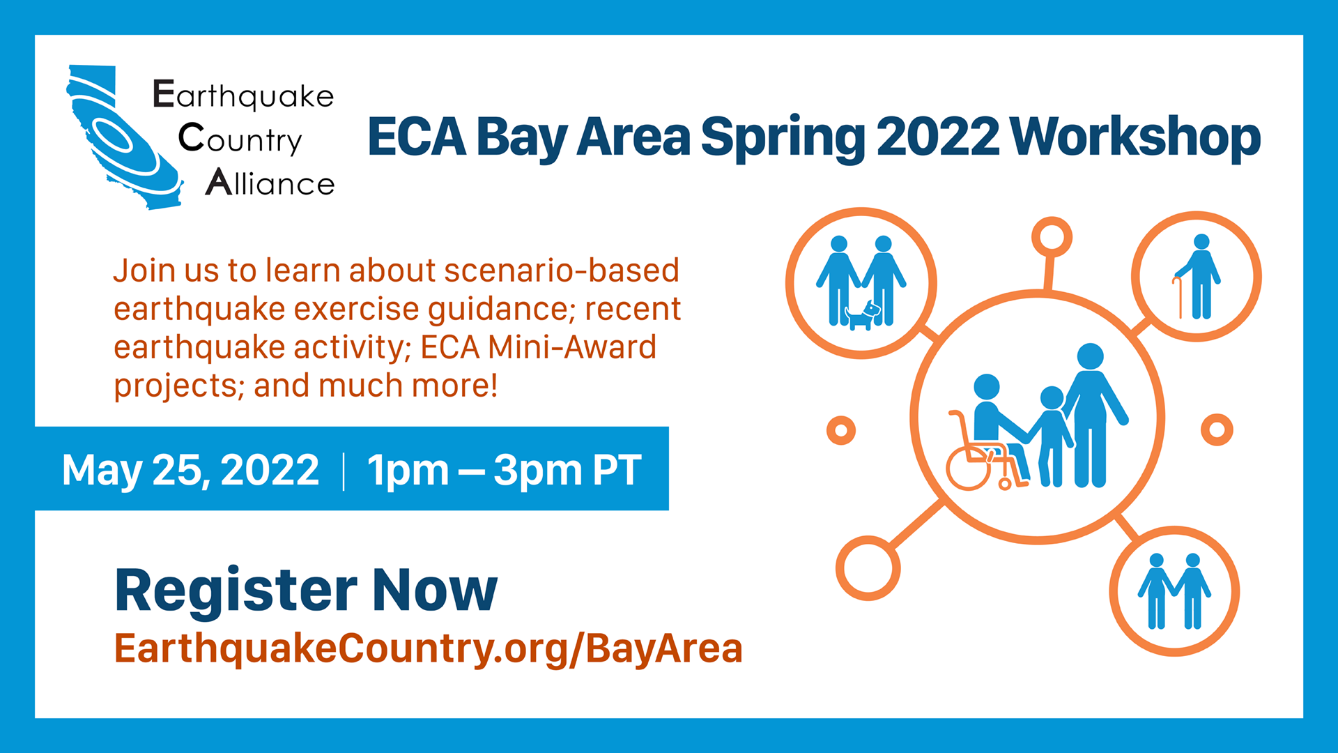 Graphic about the ECA Bay Area Spring 2022 Workshop with date (May 25) with a graphic showing interconnected groups of people.