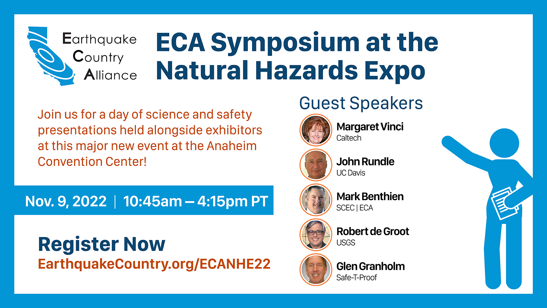 Graphic promoting ECA Symposium at the Natural Hazards Expo with pictures of presenters