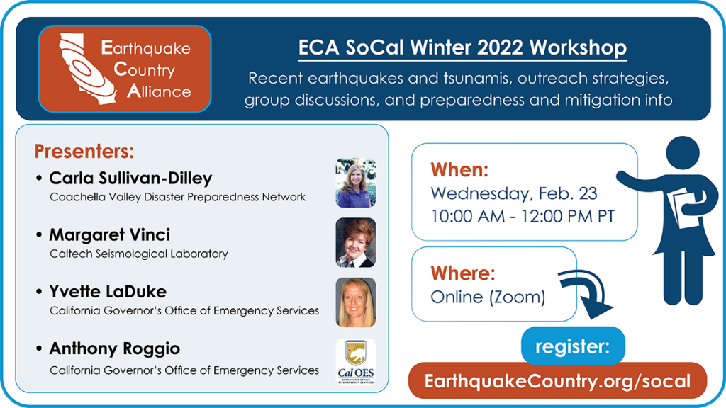 Graphic about ECA SoCal Winter workshop listing speakers, time (10am-12pm February 23) and link to register