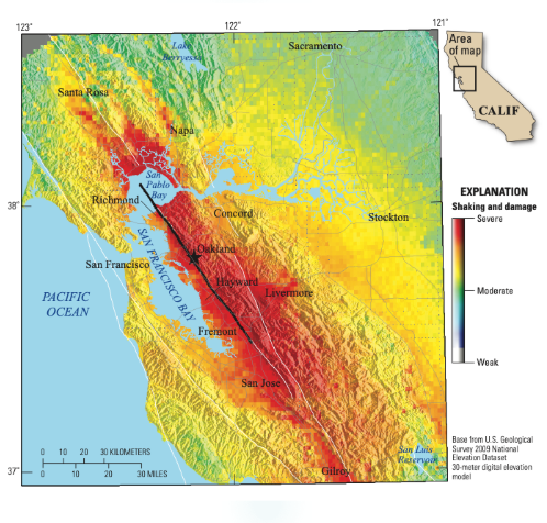 Map showing the pattern of shaking intensity for the HayWired Scenario earthquake.