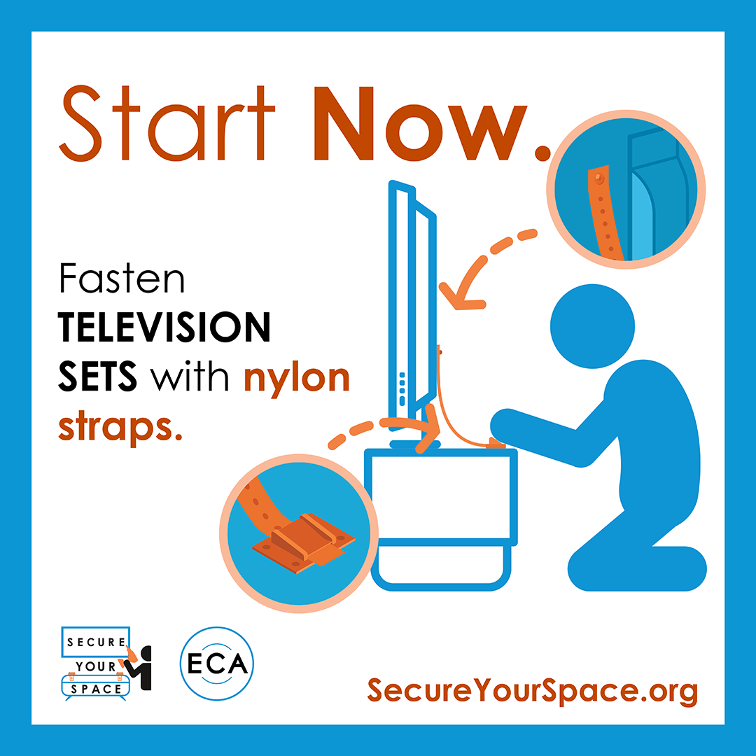 Graphic showing how to secure television sets for earthquake shaking with nylon straps, and promoting SecureYourSpace.org.