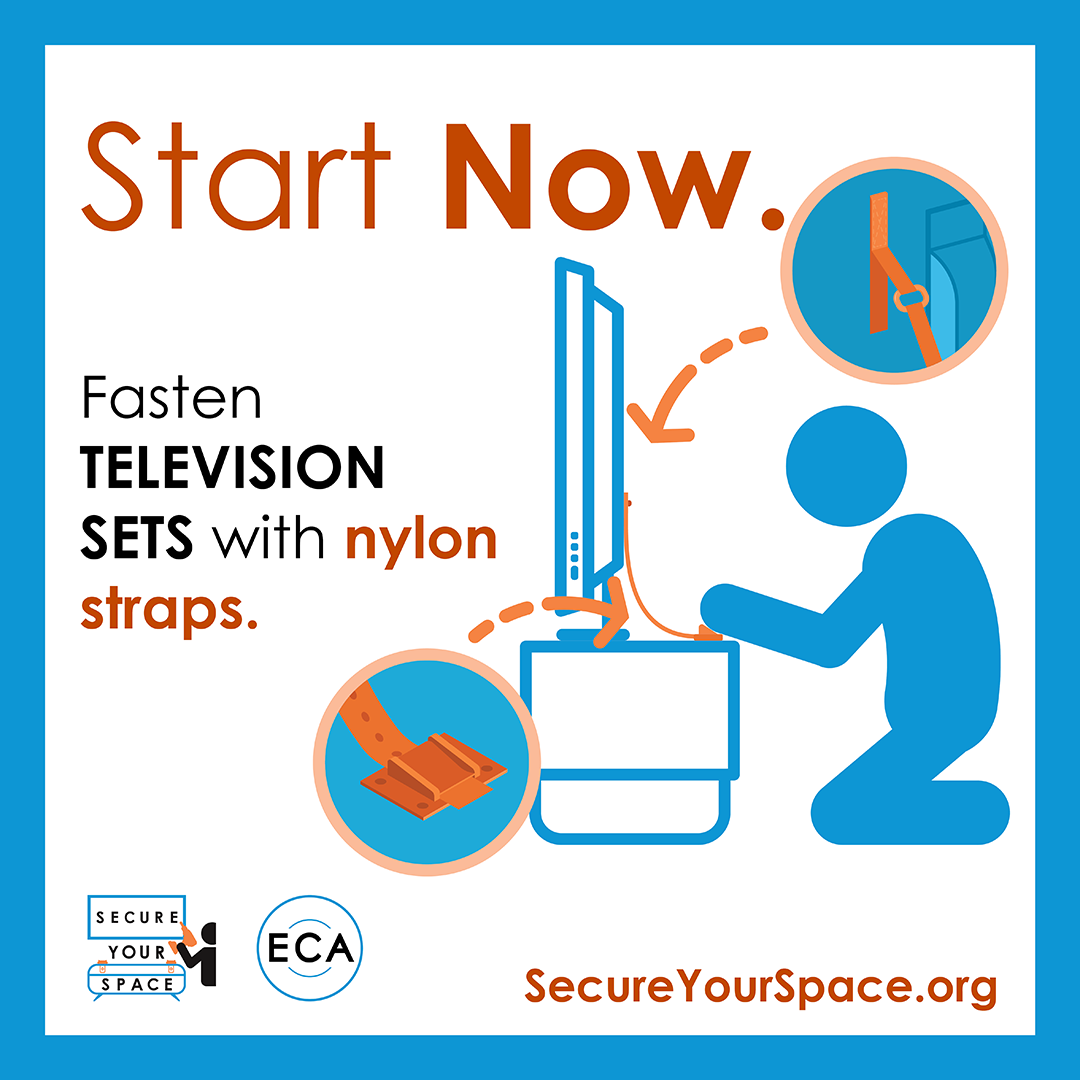 Graphic showing how to secure television sets for earthquake shaking with nylon straps, and promoting SecureYourSpace.org.