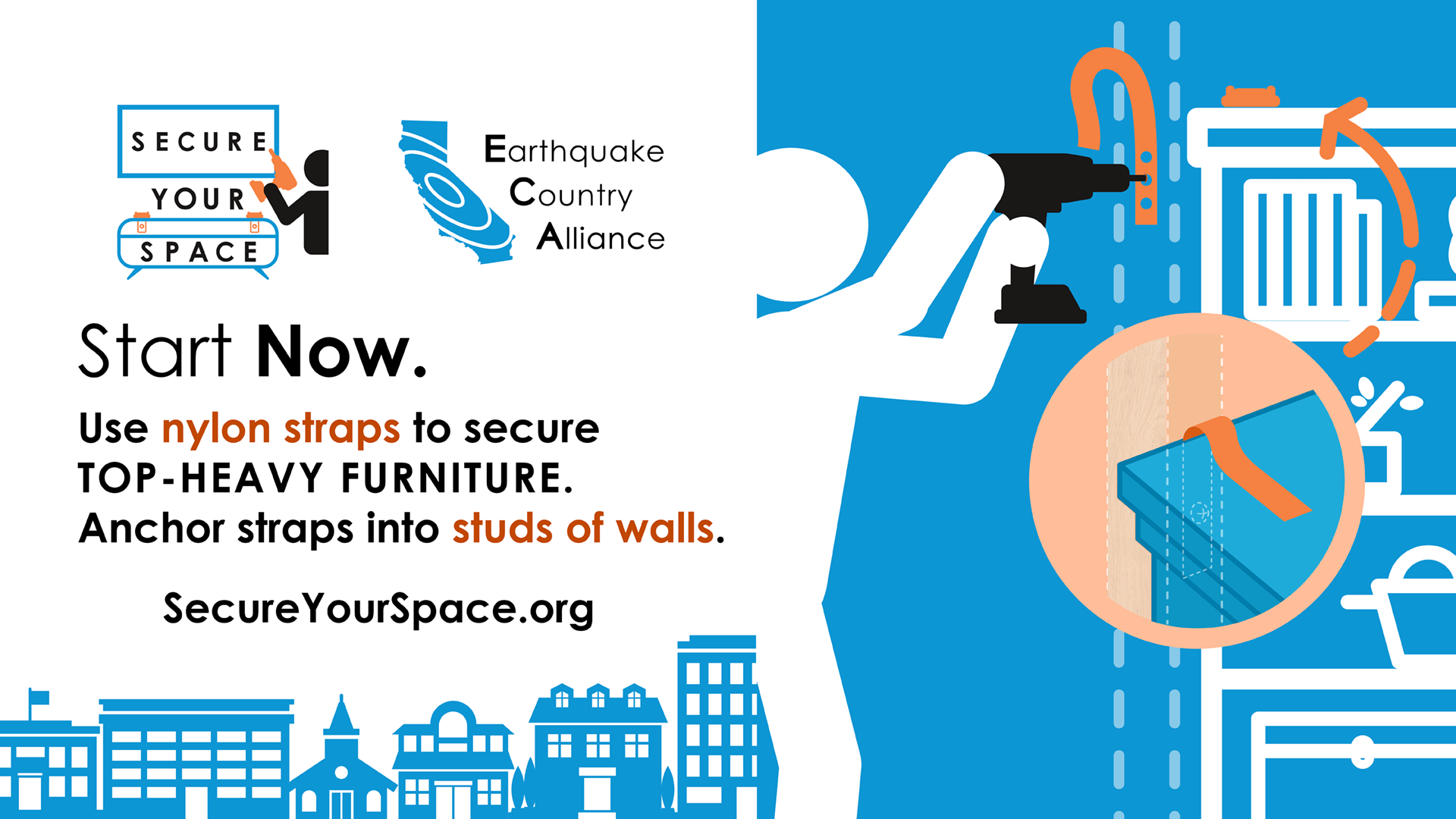 Graphic showing how to secure bookcases for earthquake shaking with nylon straps, and promoting SecureYourSpace.org.