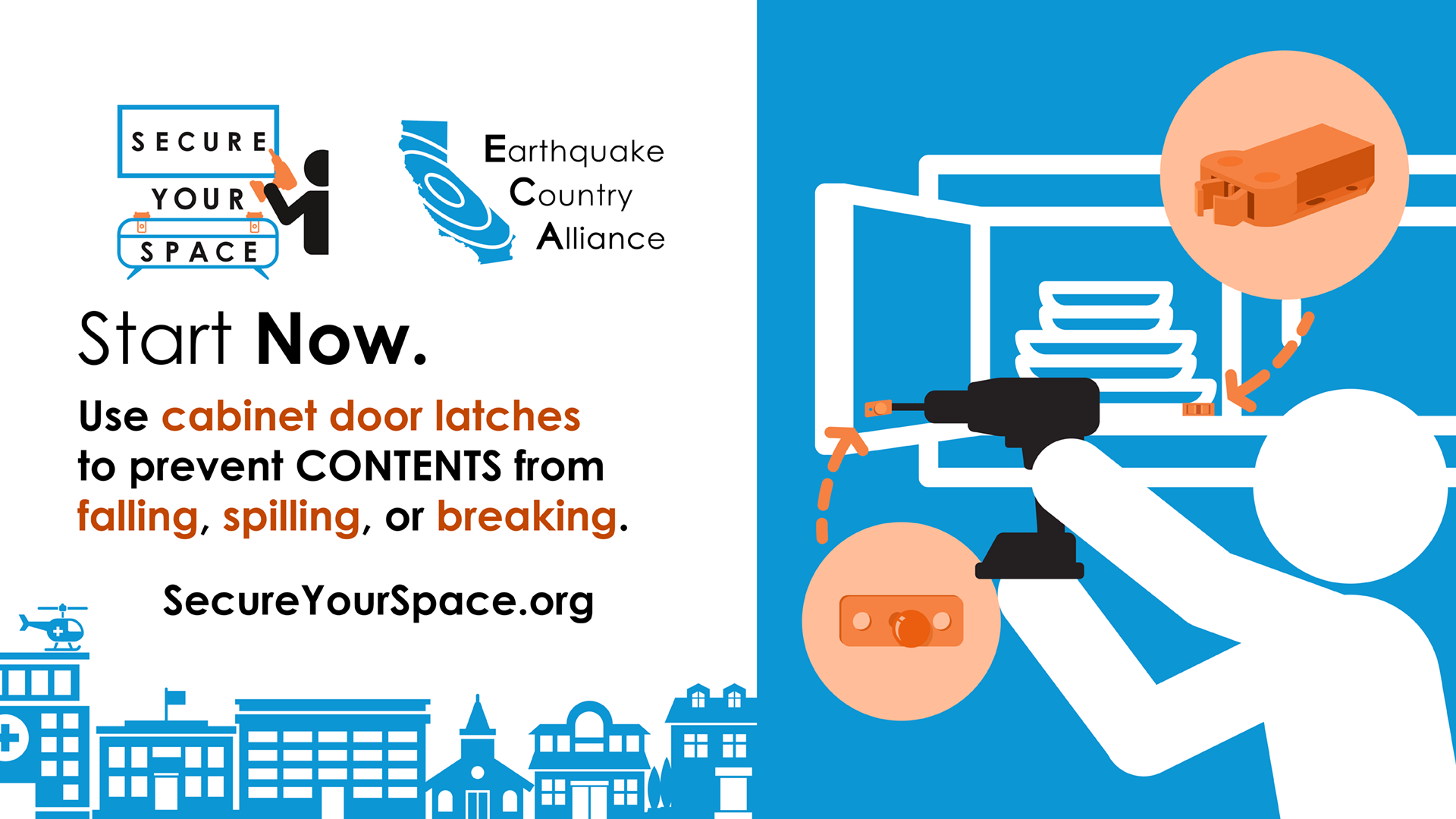 Graphic showing how to secure kitchen cabinets for earthquake shaking with cabinet door latches, and promoting SecureYourSpace.org.