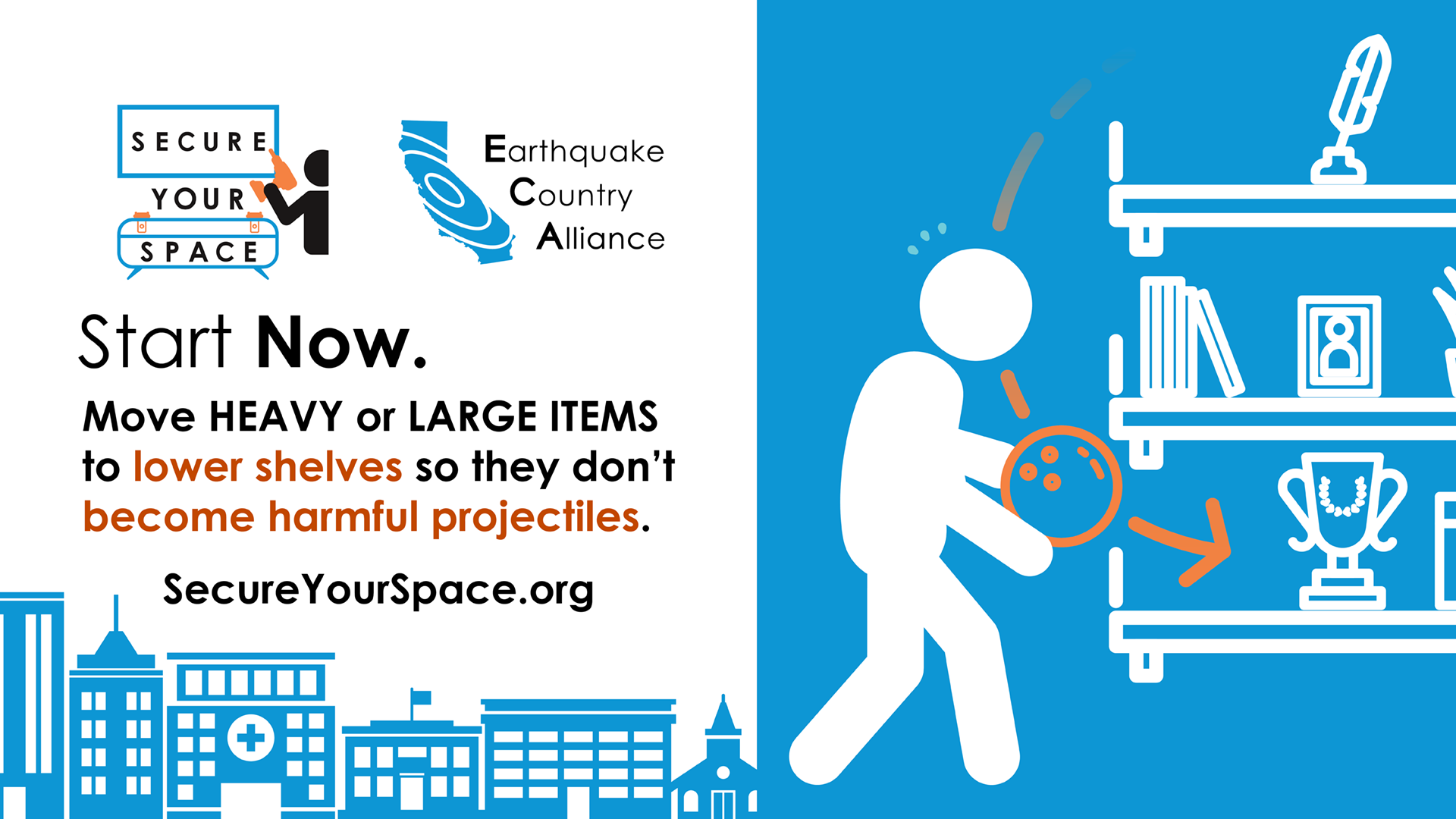 Graphic showing how to secure heavy objects for earthquake shaking by moving them to lower shelves, and promoting SecureYourSpace.org.