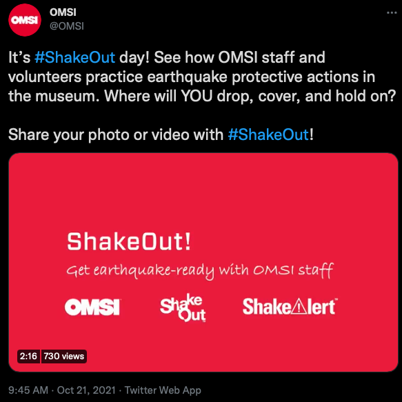 Image of tweet by OMSI of a video of their 2021 ShakeOut Activities