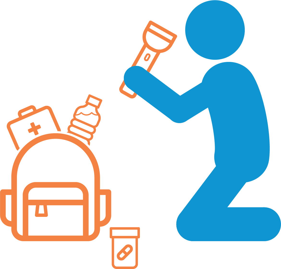 Drawing of a parent and child organizing emergency supplies in a backpack and a larger container