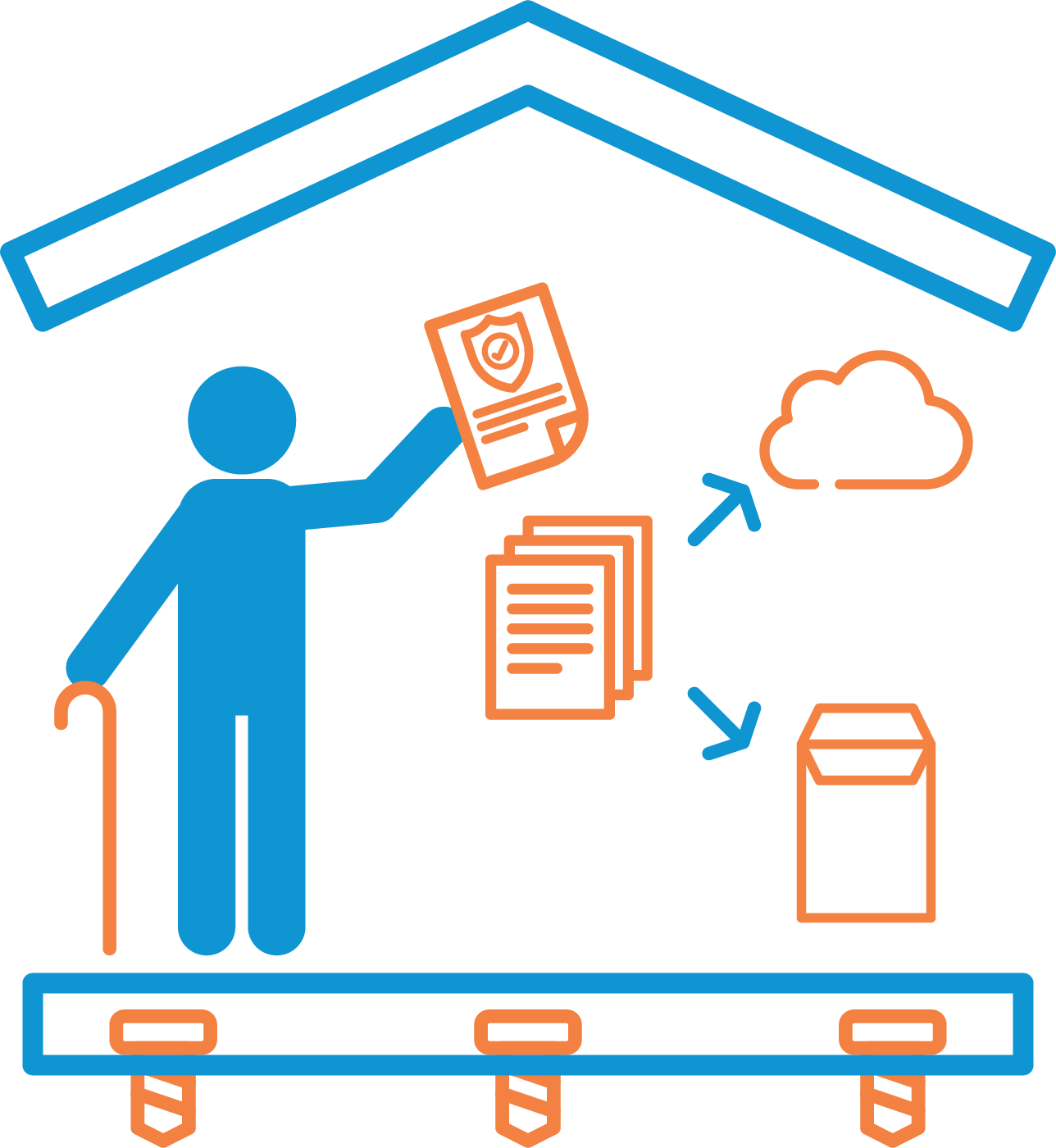 Drawing of a parent and child organizing emergency supplies in a backpack and a larger container