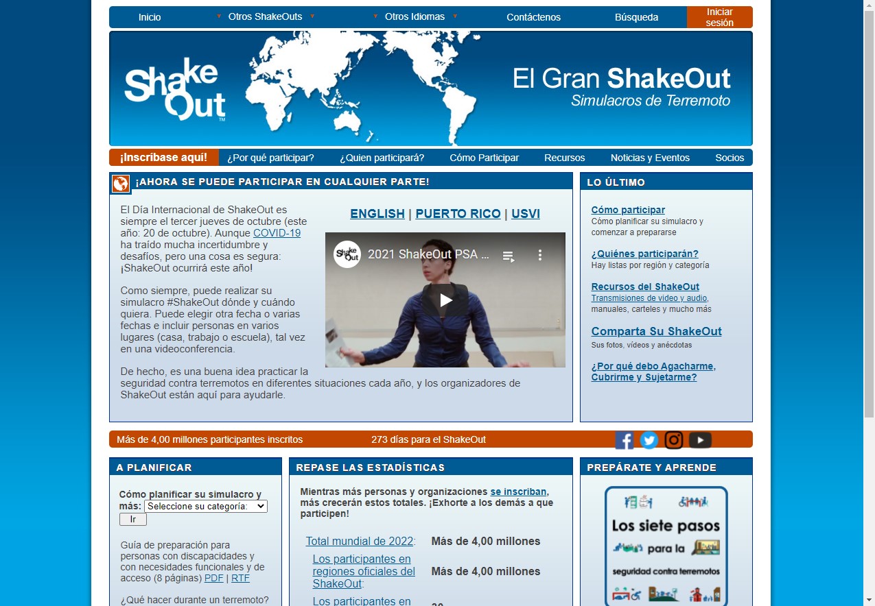 Screen capture of the ShakeOut.org/espanol website