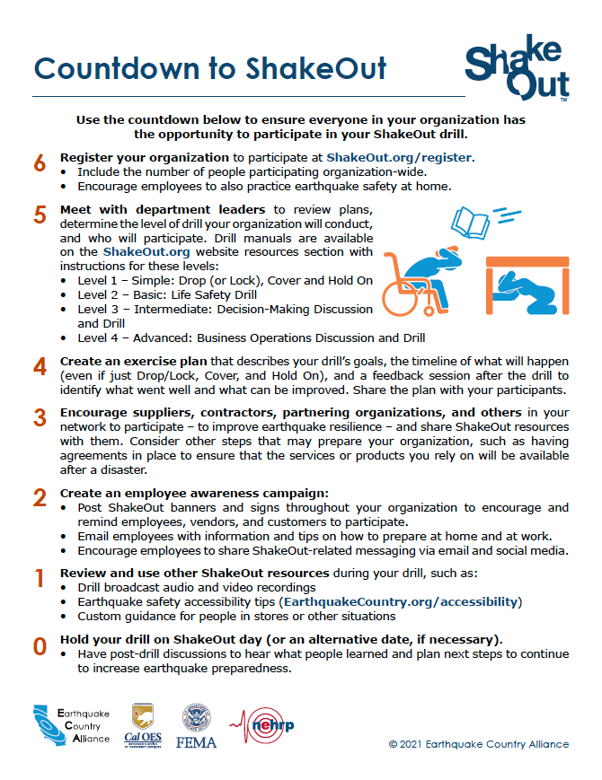 Image of one-page guide for organizations to plan and implement their ShakeOut drills