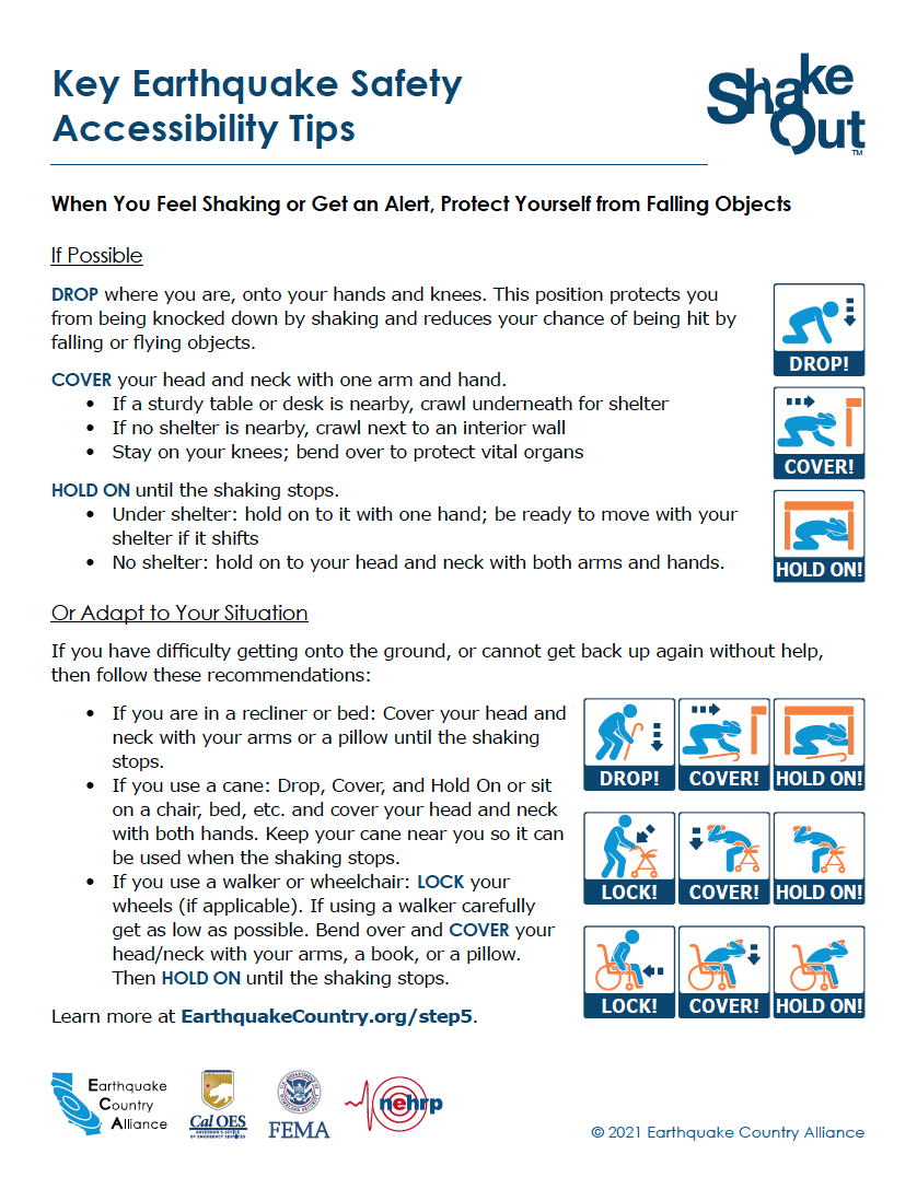 Image of 2-page document providing earthquake safety accessibility tips