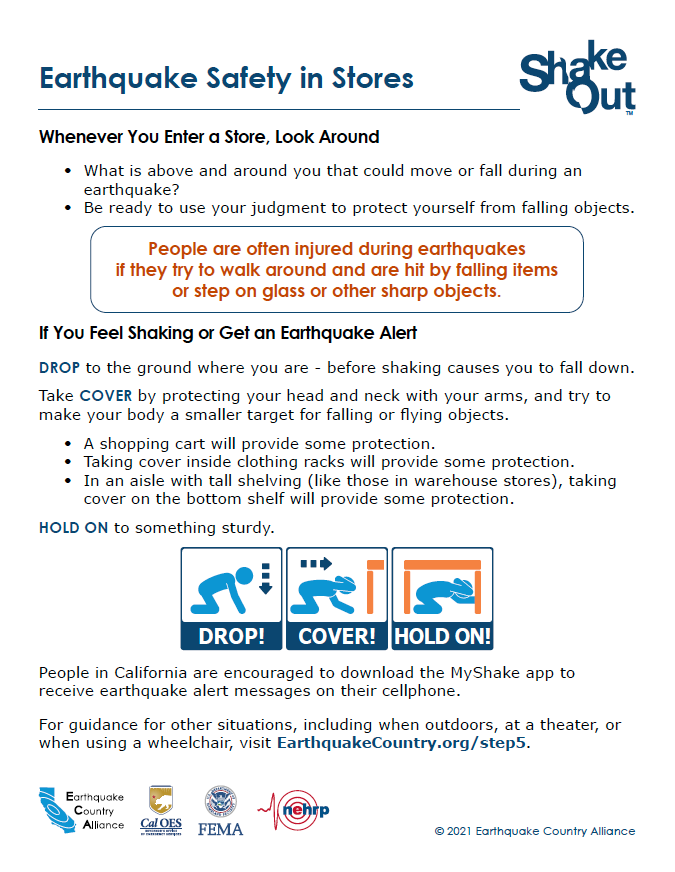 Image of one-page document about earthquake safety in stores