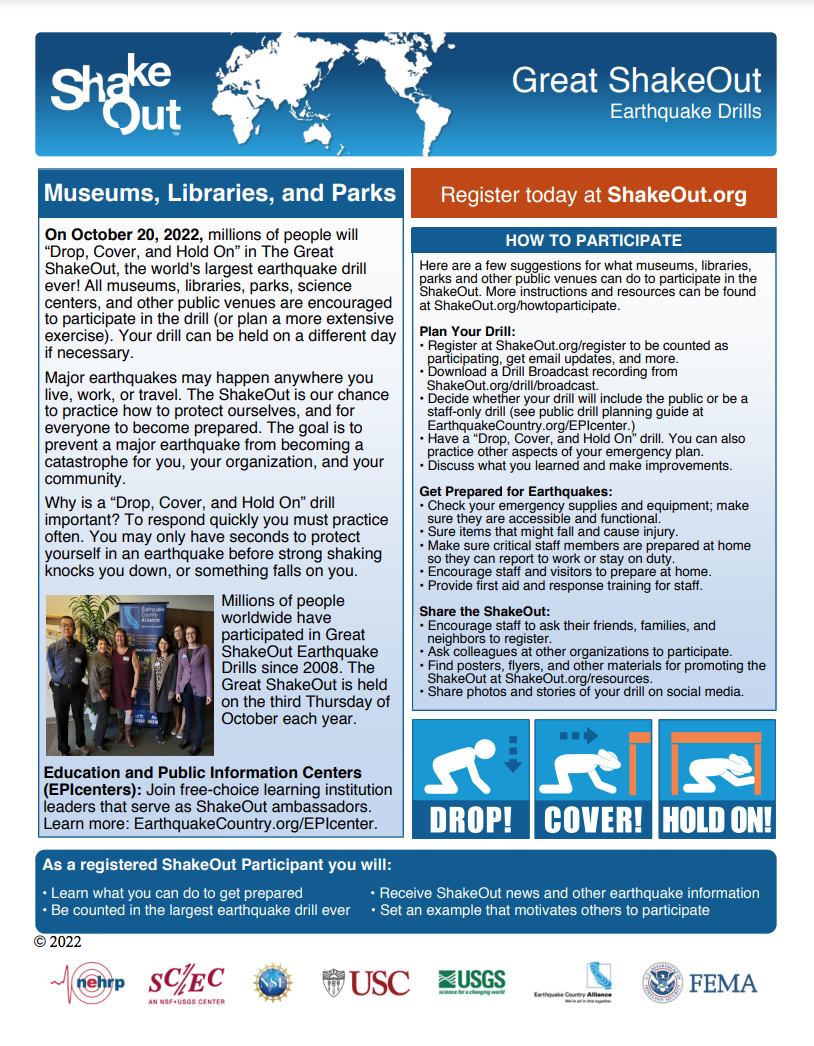 ShakeOut Information flyer for EPIcenters (museums, libraries, parks, etc.)