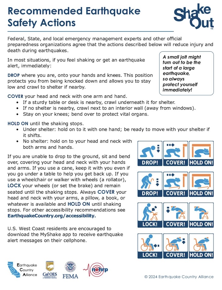 Image of 3-page document providing earthquake safety recommendations for various settings