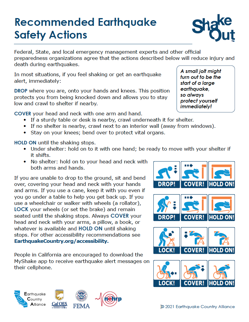 Image of 3-page document providing earthquake safety recommendations for various settings