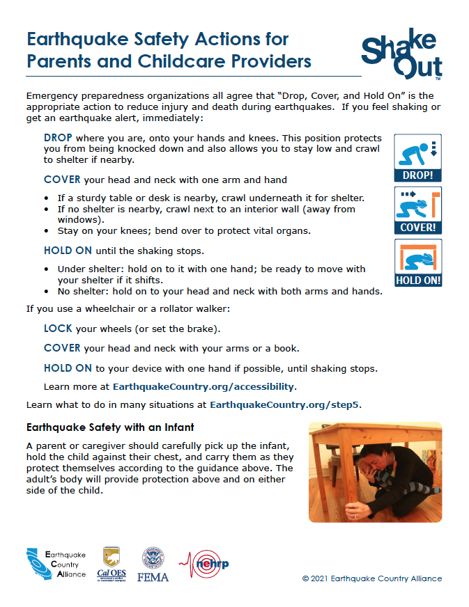Image of two-page document about earthquake safety for parents and childcare providers