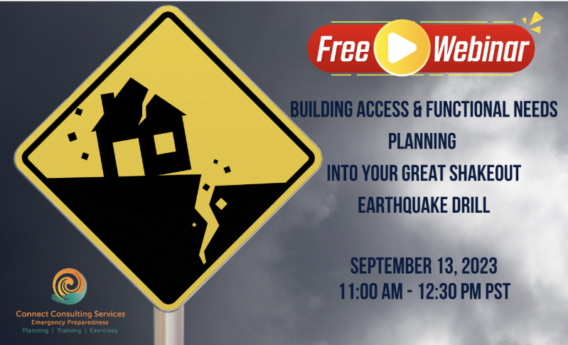 Graphic with traffic sign showing a shaking house, with description of this webinar