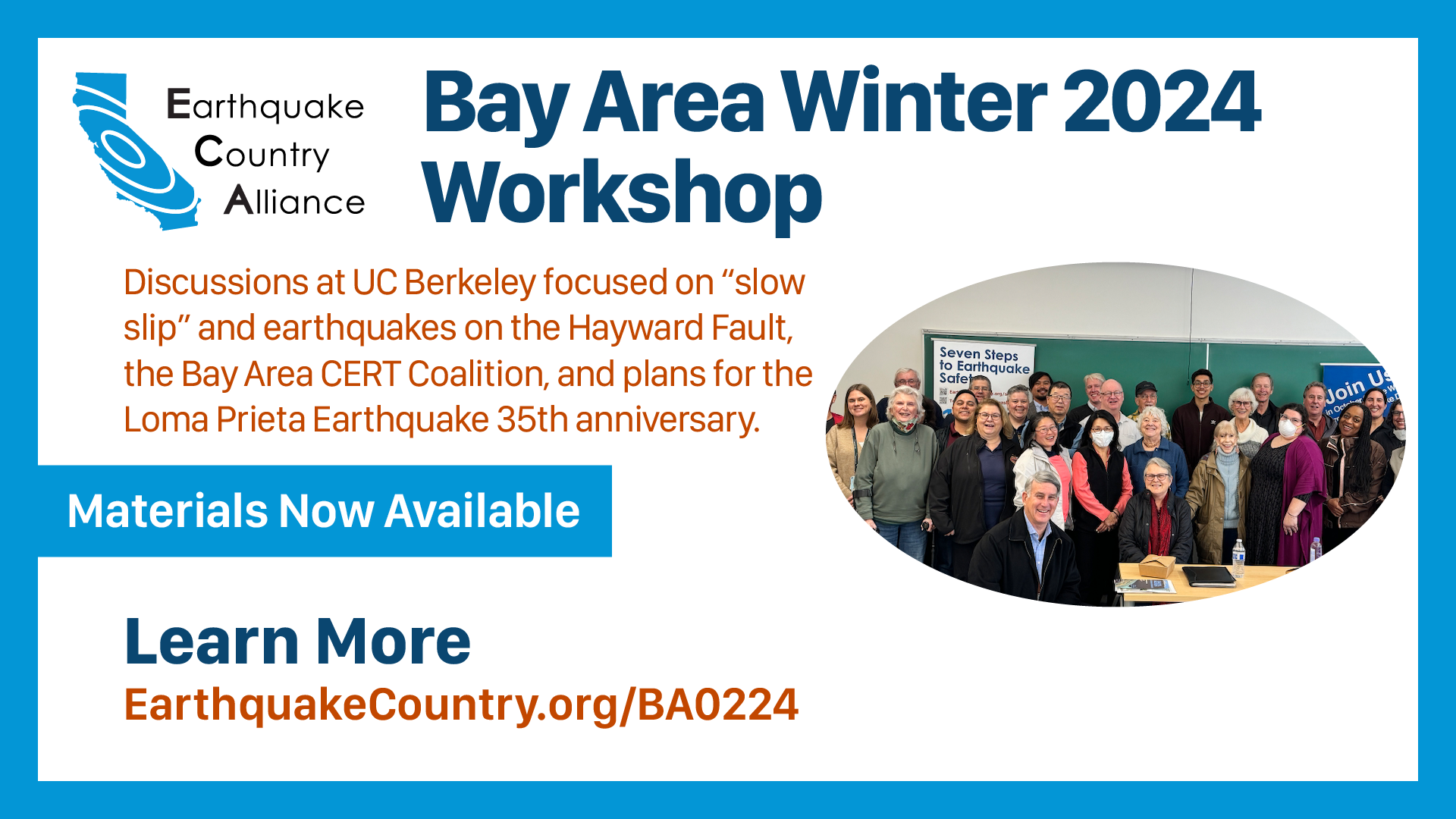 Event graphic for ECA Bay Area Winter 2024 Workshop with description and picture of attendees