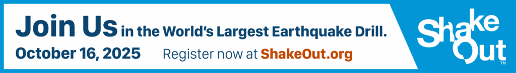 Graphic with words Join us in the World's largest earthquake drill October 16 2025 and ShakeOut logo