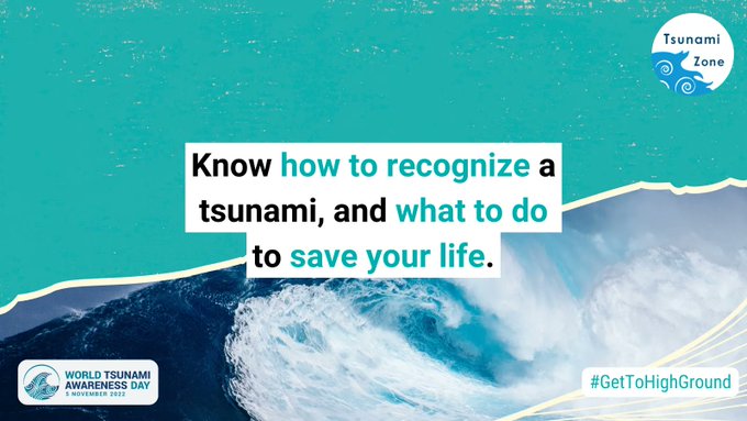 Image of a cresting sea wave with the words "Know how to recognize a tsunami, and what to do save your life".