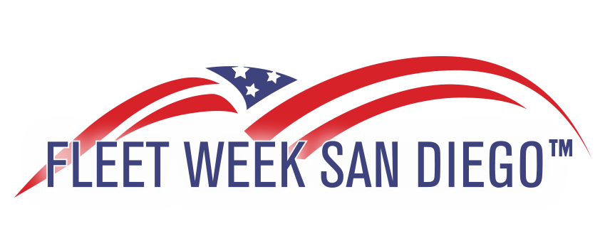 Logo with the words Fleet Week San Diego and a folded American flag in the background