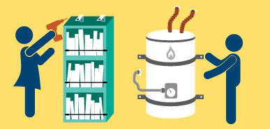 Step 1 graphic showing a bookshelf and water heater being secured