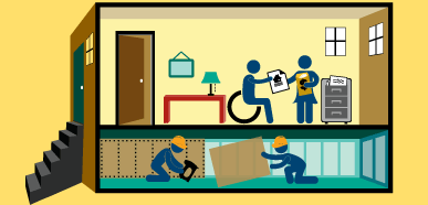 Step 4 graphic showing a couple discussing their financial preparedness, while workers retrofit the foundation of their home