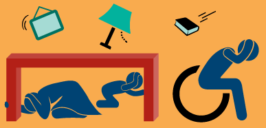 Drawing of a family protecting themselves during an earthquake, under a table and in a wheelchair