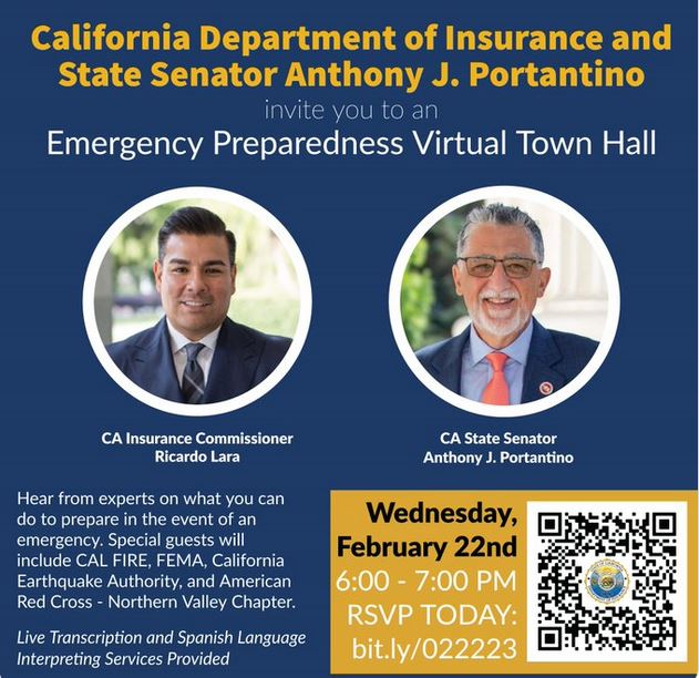 Graphic promoting Emergency Preparedness Town Hall with pictures of speakers